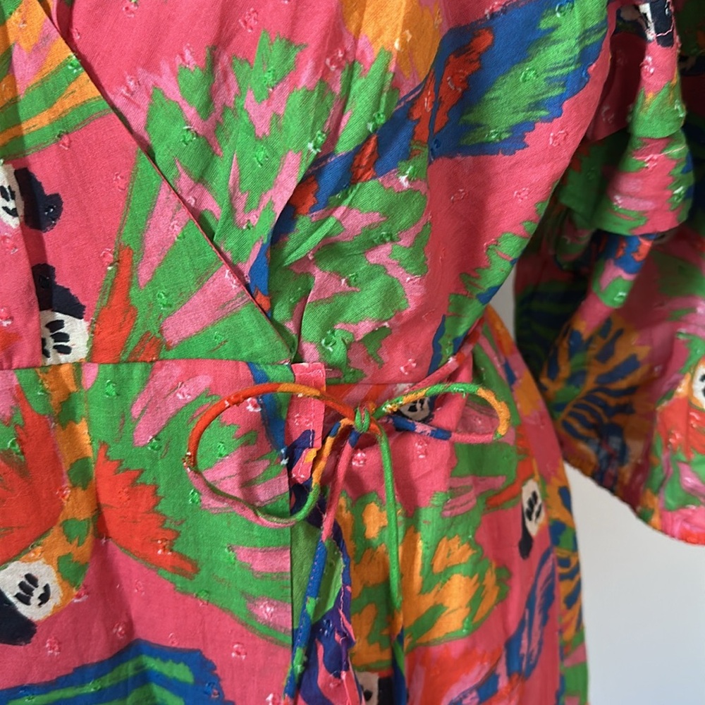 π *HOST PICK!* FARM Rio Macaw Pink Blue Ruffled Wrap Floral Boho Sundress L - Picture 11 of 16